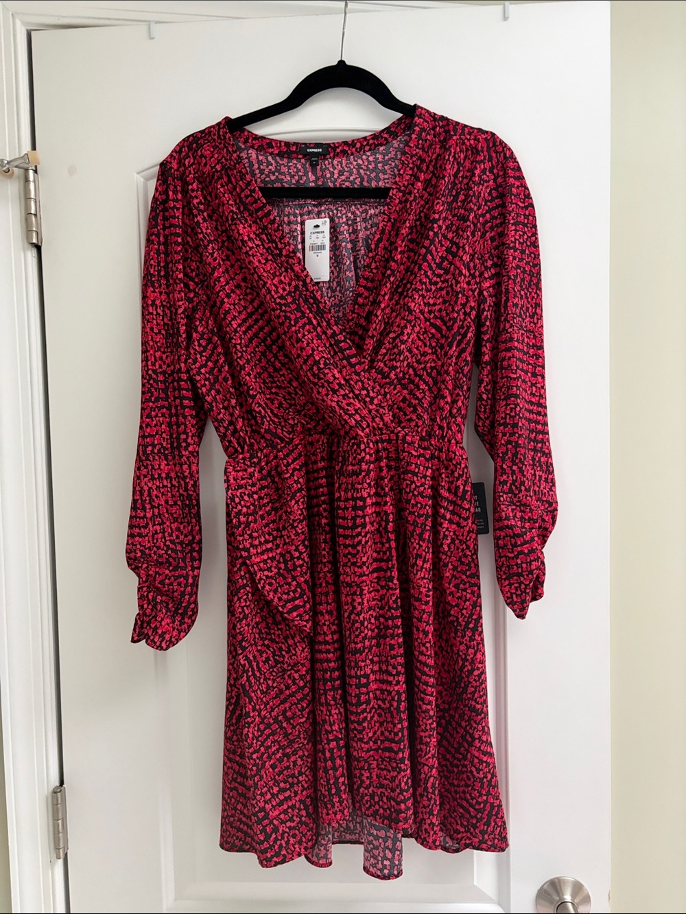 Express Red & Black Patterned Long Sleeve Surplice Neck  Dress